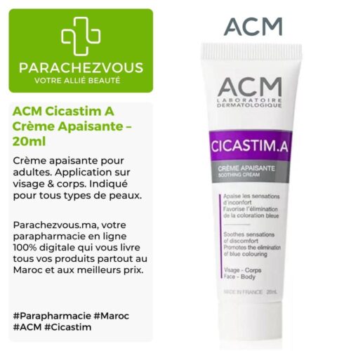 Produit de la marque ACM Cicastim A Crème Apaisante - 20ml sur un fond blanc, vert et gris avec un logo Parachezvous et celui de la marque ACM ainsi qu'une description qui détail les informations du produit