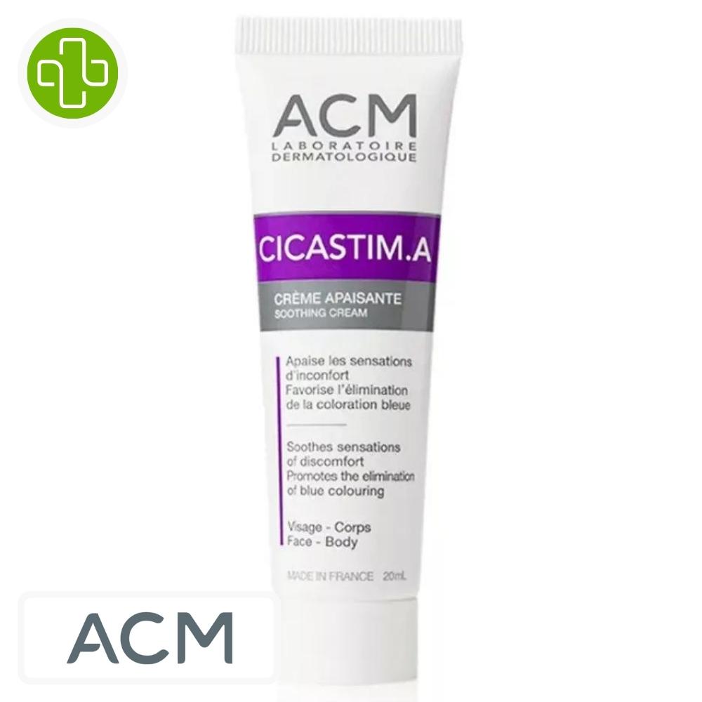 Produit de la marque acm cicastim a crème apaisante - 20ml sur un fond blanc avec un logo parachezvous et celui de de la marque acm