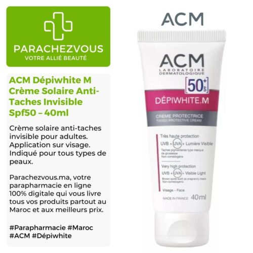 Produit de la marque ACM Dépiwhite M Crème Solaire Anti-Taches Invisible Spf50 - 40ml sur un fond blanc, vert et gris avec un logo Parachezvous et celui de la marque ACM ainsi qu'une description qui détail les informations du produit