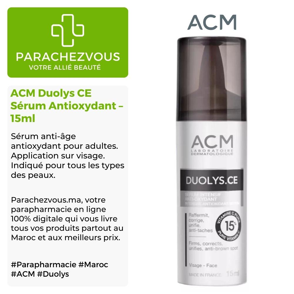 Produit de la marque acm duolys ce sérum antioxydant - 15ml sur un fond blanc, vert et gris avec un logo parachezvous et celui de la marque acm ainsi qu'une description qui détail les informations du produit