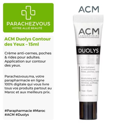 Produit de la marque ACM Duolys Contour des Yeux - 15ml sur un fond blanc, vert et gris avec un logo Parachezvous et celui de la marque ACM ainsi qu'une description qui détail les informations du produit