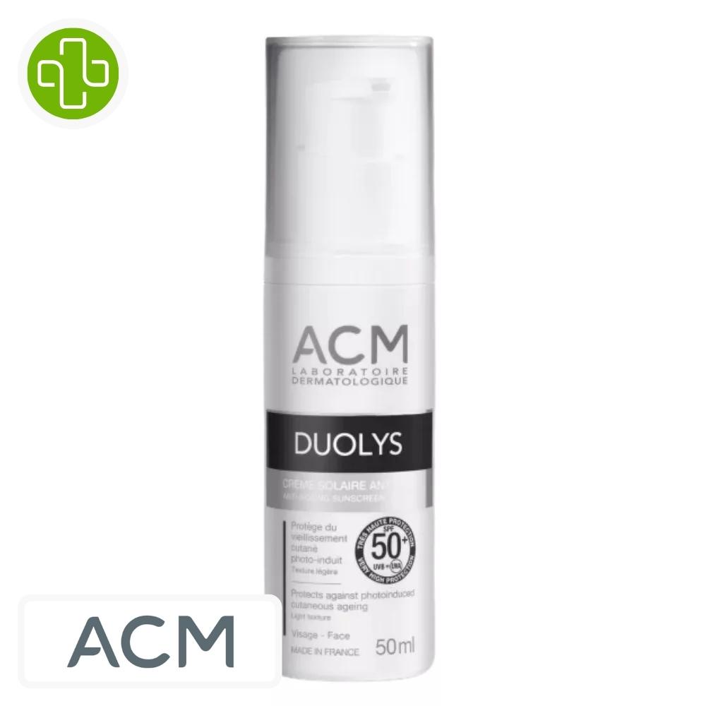 Produit de la marque acm duolys fluide solaire spf50 anti-âge - 50ml sur un fond blanc avec un logo parachezvous et celui de de la marque acm
