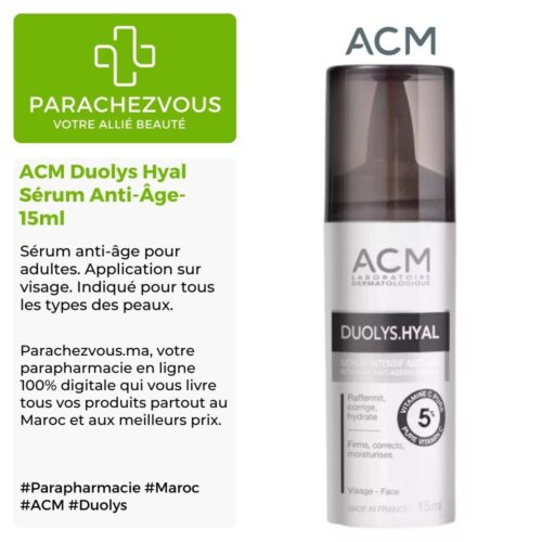 Produit de la marque acm duolys hyal sérum anti-âge- 15ml sur un fond blanc, vert et gris avec un logo parachezvous et celui de la marque acm ainsi qu'une description qui détail les informations du produit