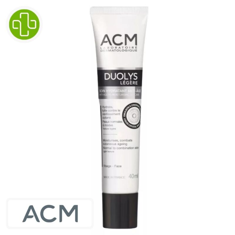 Produit de la marque acm duolys légère crème hydratante - 40ml sur un fond blanc avec un logo parachezvous et celui de de la marque acm