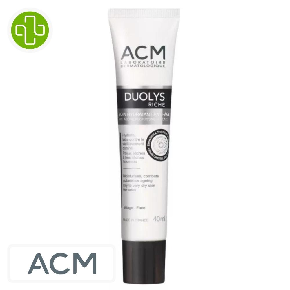 Produit de la marque acm duolys riche crème hydratante - 40ml sur un fond blanc avec un logo parachezvous et celui de de la marque acm