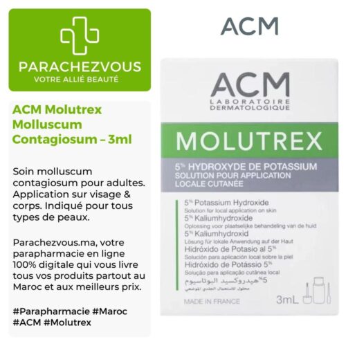 Produit de la marque acm molutrex molluscum contagiosum - 3ml sur un fond blanc, vert et gris avec un logo parachezvous et celui de la marque acm ainsi qu'une description qui détail les informations du produit