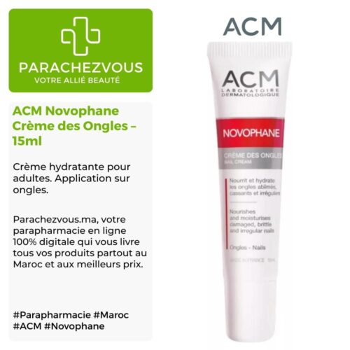 Produit de la marque ACM Novophane Crème des Ongles - 15ml sur un fond blanc, vert et gris avec un logo Parachezvous et celui de la marque ACM ainsi qu'une description qui détail les informations du produit