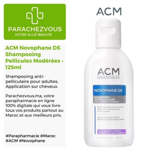 Produit de la marque ACM Novophane DS Shampooing Pellicules Modérées - 125ml sur un fond blanc, vert et gris avec un logo Parachezvous et celui de la marque ACM ainsi qu'une description qui détail les informations du produit