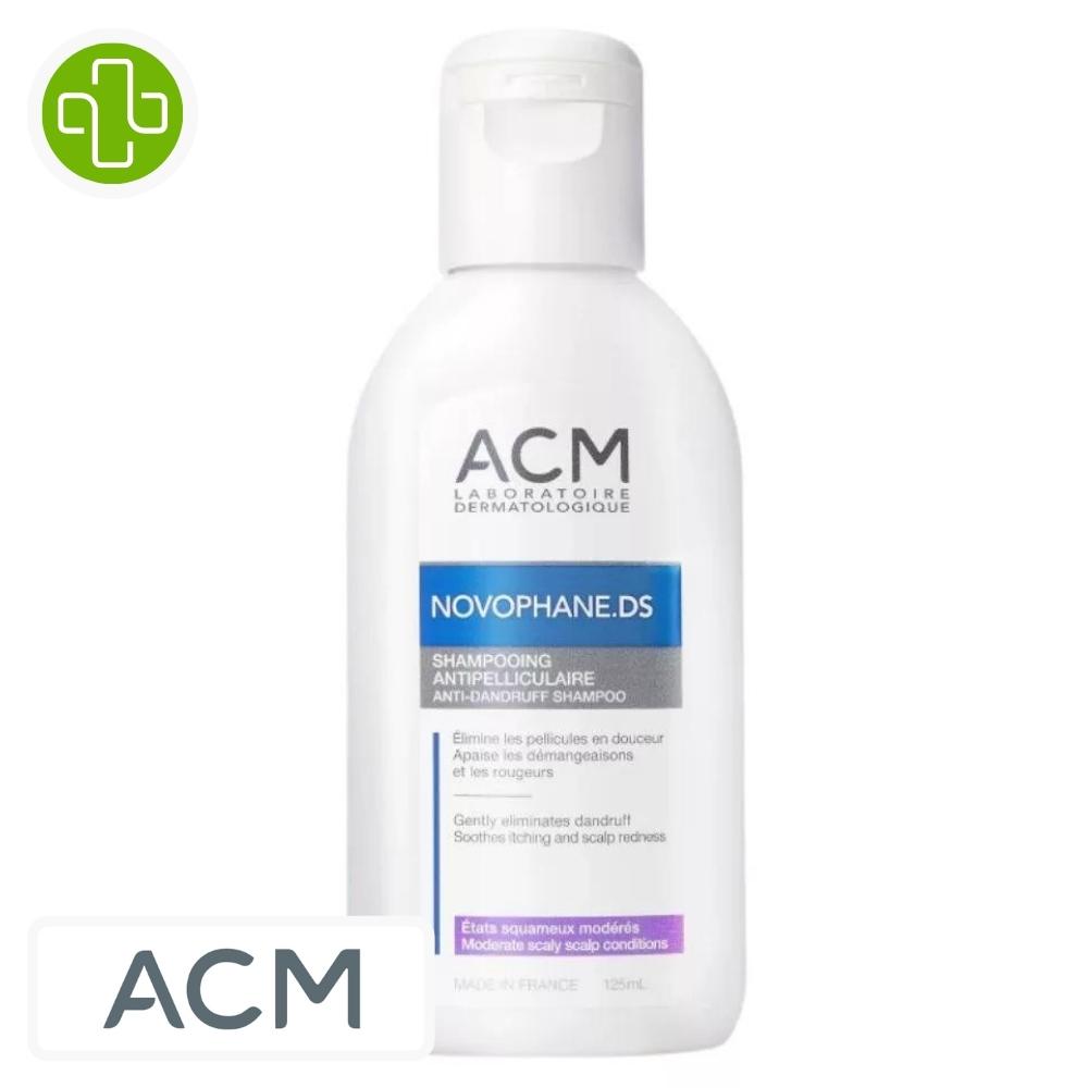 Produit de la marque acm novophane ds shampooing pellicules modérées - 125ml sur un fond blanc avec un logo parachezvous et celui de de la marque acm
