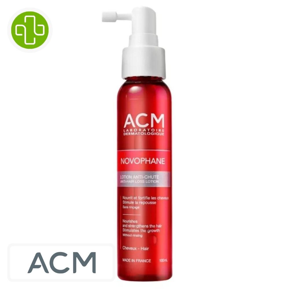 Produit de la marque acm novophane lotion anti-chute - 100ml sur un fond blanc avec un logo parachezvous et celui de de la marque acm