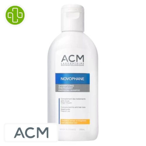 Produit de la marque ACM Novophane Shampooing Énergisant - 200ml sur un fond blanc avec un logo Parachezvous et celui de de la marque ACM