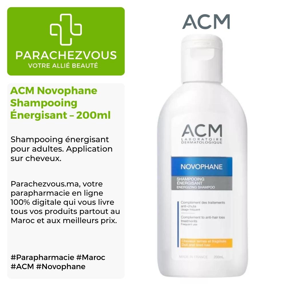 Produit de la marque acm novophane shampooing énergisant - 200ml sur un fond blanc, vert et gris avec un logo parachezvous et celui de la marque acm ainsi qu'une description qui détail les informations du produit