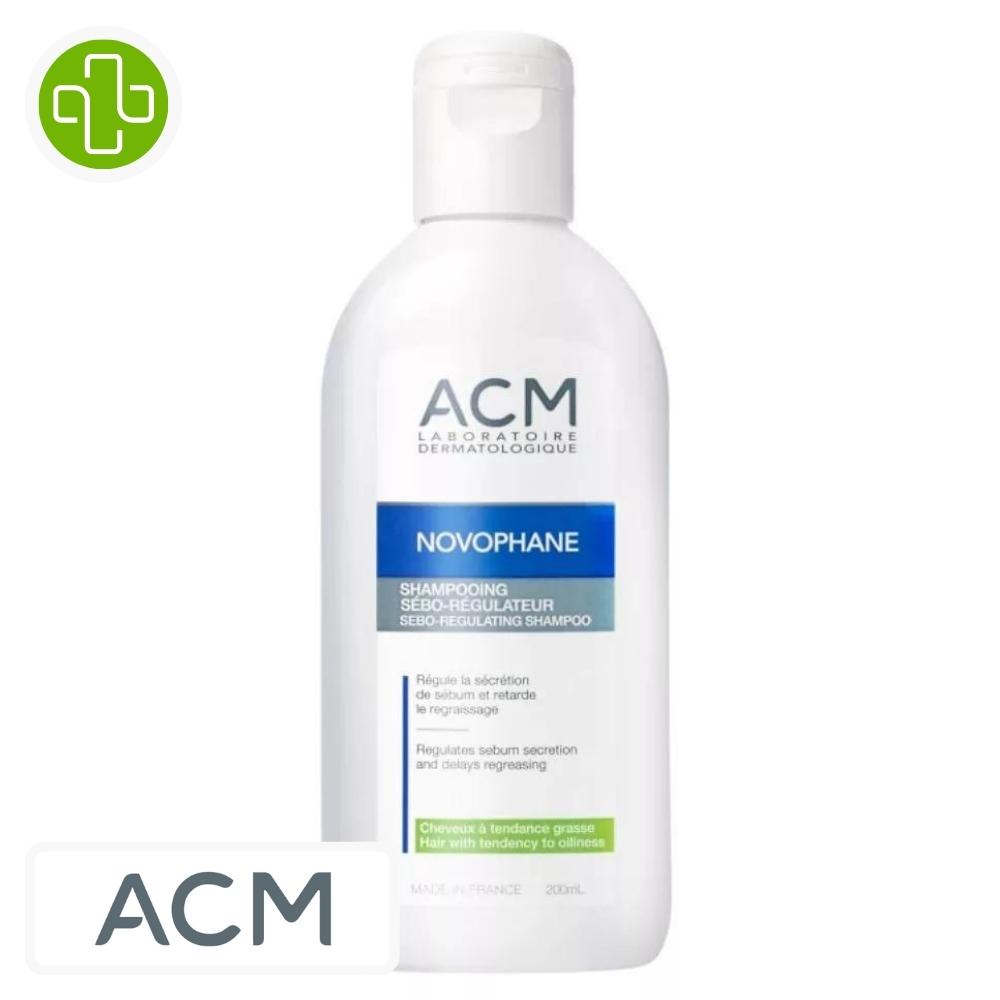 Produit de la marque acm novophane shampooing séborégulateur cheveux gras - 200ml sur un fond blanc avec un logo parachezvous et celui de de la marque acm