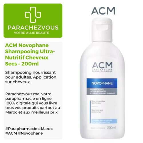 Produit de la marque ACM Novophane Shampooing Ultra-Nutritif Cheveux Secs - 200ml sur un fond blanc, vert et gris avec un logo Parachezvous et celui de la marque ACM ainsi qu'une description qui détail les informations du produit