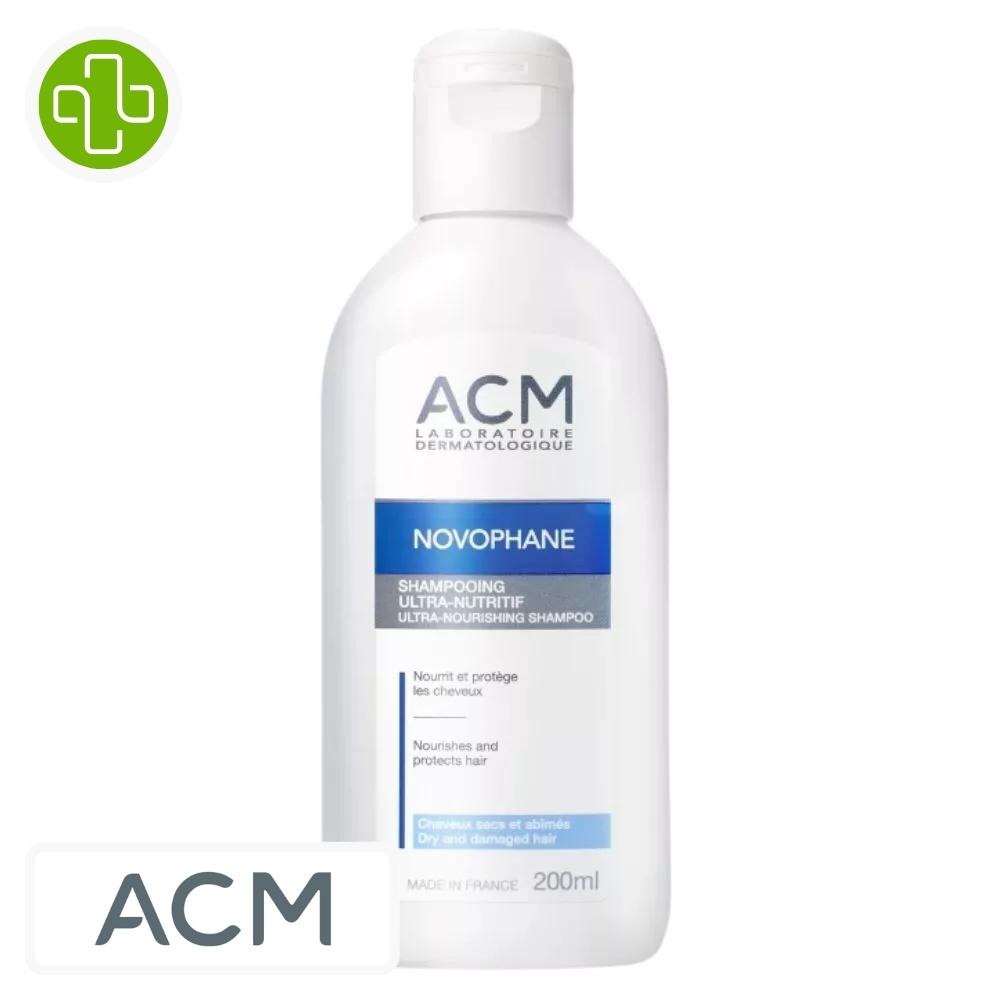 Produit de la marque acm novophane shampooing ultra-nutritif cheveux secs - 200ml sur un fond blanc avec un logo parachezvous et celui de de la marque acm