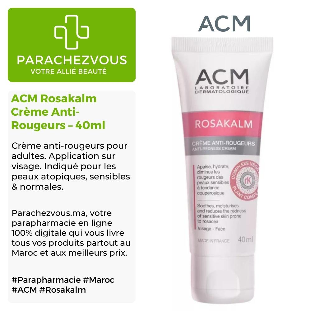 Produit de la marque acm rosakalm crème anti-rougeurs - 40ml sur un fond blanc, vert et gris avec un logo parachezvous et celui de la marque acm ainsi qu'une description qui détail les informations du produit