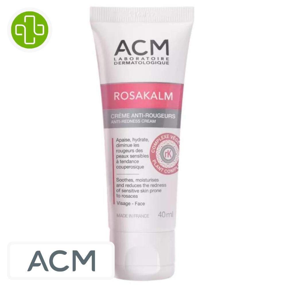 Produit de la marque acm rosakalm crème anti-rougeurs - 40ml sur un fond blanc avec un logo parachezvous et celui de de la marque acm