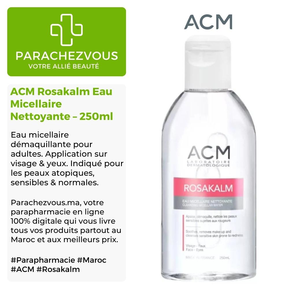 Produit de la marque acm rosakalm eau micellaire nettoyante - 250ml sur un fond blanc, vert et gris avec un logo parachezvous et celui de la marque acm ainsi qu'une description qui détail les informations du produit