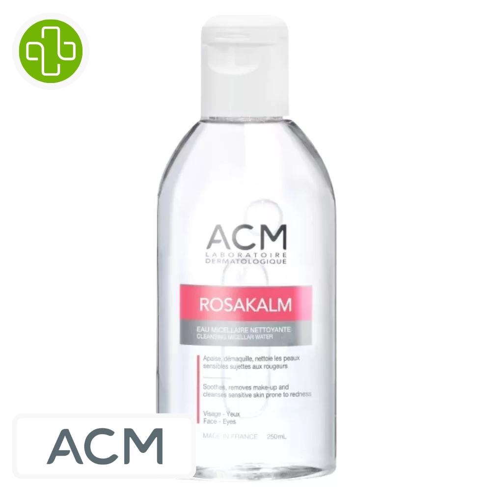 Produit de la marque acm rosakalm eau micellaire nettoyante - 250ml sur un fond blanc avec un logo parachezvous et celui de de la marque acm