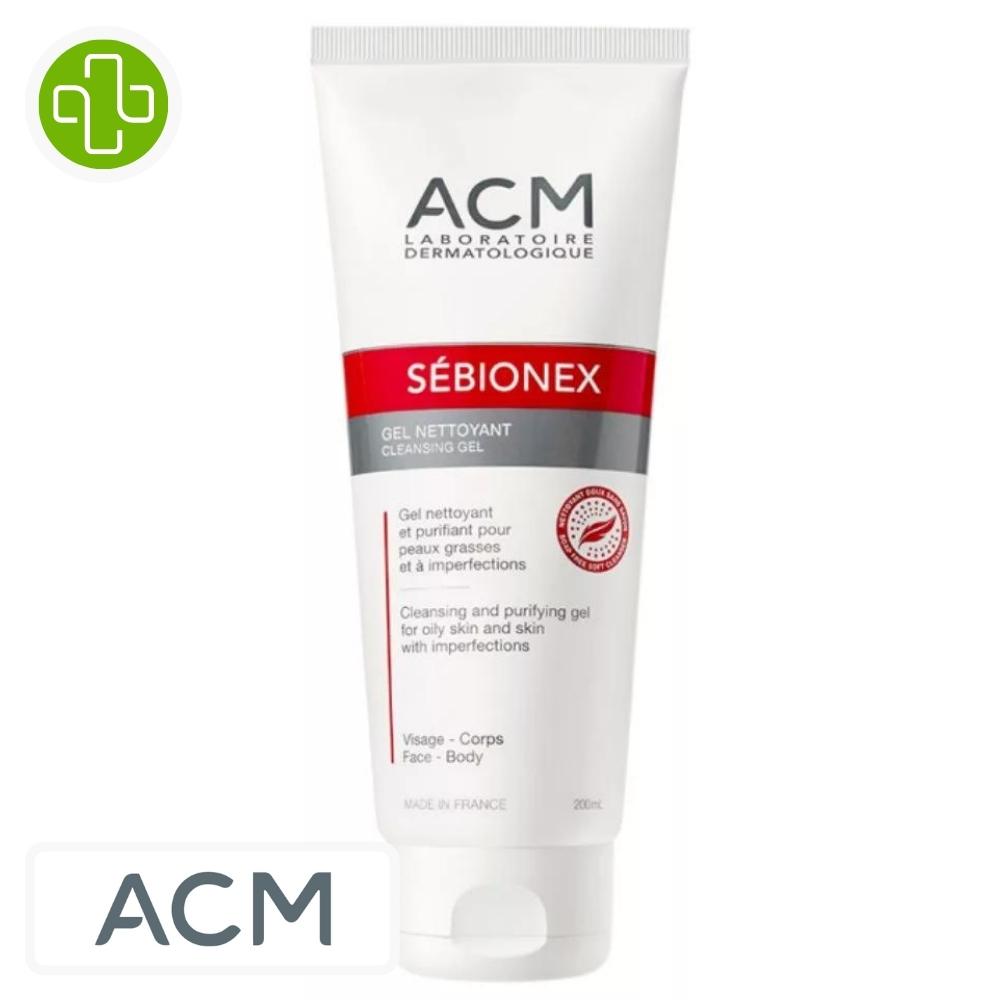 Produit de la marque acm sébionex gel nettoyant purifiant - 200ml sur un fond blanc avec un logo parachezvous et celui de de la marque acm