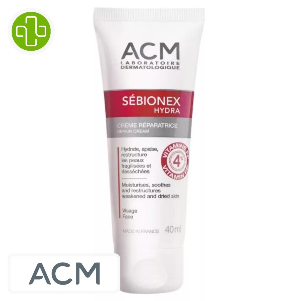 Produit de la marque acm sébionex hydra crème réparatrice - 40ml sur un fond blanc avec un logo parachezvous et celui de de la marque acm