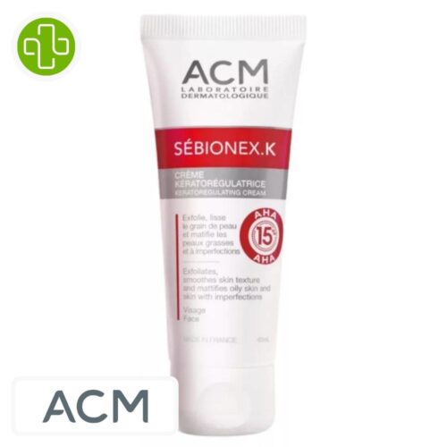 Produit de la marque ACM Sébionex K Crème Exfoliante - 40ml sur un fond blanc avec un logo Parachezvous et celui de de la marque ACM
