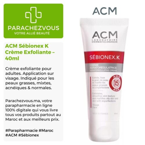 Produit de la marque ACM Sébionex K Crème Exfoliante - 40ml sur un fond blanc, vert et gris avec un logo Parachezvous et celui de la marque ACM ainsi qu'une description qui détail les informations du produit