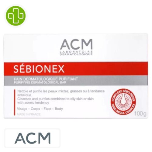 Produit de la marque ACM Sébionex Pain Dermatologique Purifiant - 100g sur un fond blanc avec un logo Parachezvous et celui de de la marque ACM