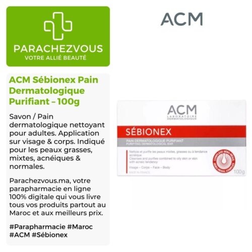Produit de la marque ACM Sébionex Pain Dermatologique Purifiant - 100g sur un fond blanc, vert et gris avec un logo Parachezvous et celui de la marque ACM ainsi qu'une description qui détail les informations du produit