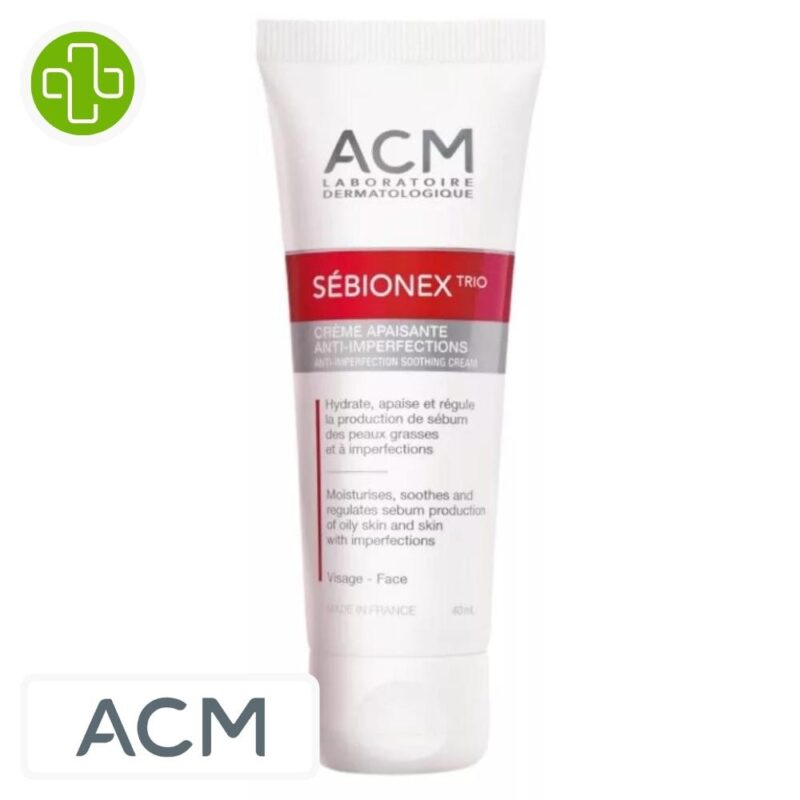 Produit de la marque acm sébionex trio crème anti-imperfections - 40ml sur un fond blanc avec un logo parachezvous et celui de de la marque acm