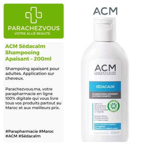 Produit de la marque ACM Sédacalm Shampooing Apaisant - 200ml sur un fond blanc, vert et gris avec un logo Parachezvous et celui de la marque ACM ainsi qu'une description qui détail les informations du produit