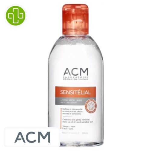 Produit de la marque ACM Sensitélial Lotion Micellaire - 250ml sur un fond blanc avec un logo Parachezvous et celui de de la marque ACM
