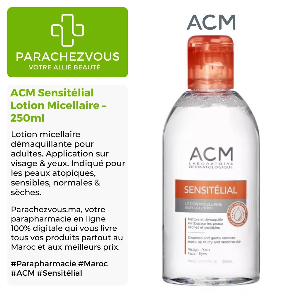 Produit de la marque acm sensitélial lotion micellaire - 250ml sur un fond blanc, vert et gris avec un logo parachezvous et celui de la marque acm ainsi qu'une description qui détail les informations du produit