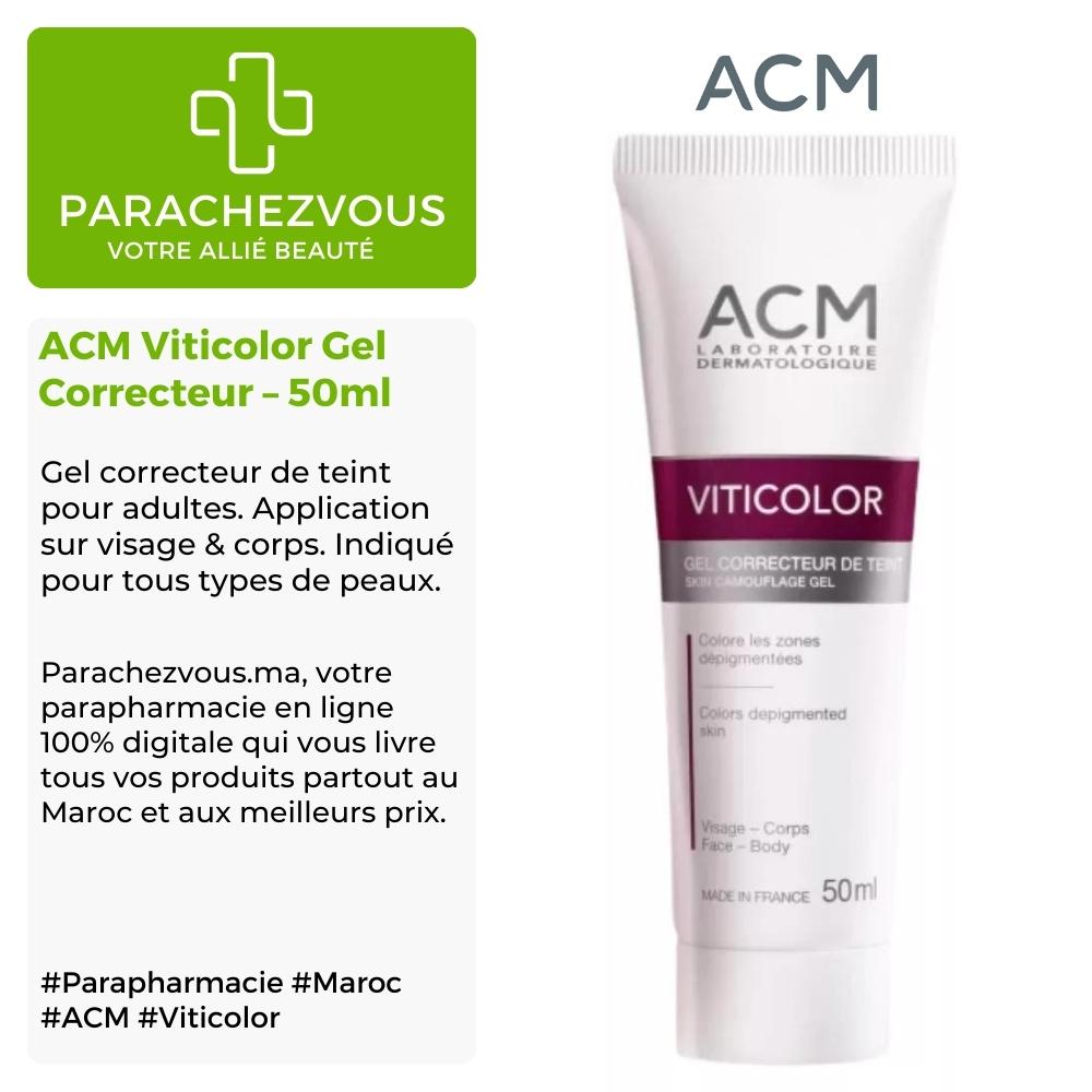 Produit de la marque acm viticolor gel correcteur - 50ml sur un fond blanc, vert et gris avec un logo parachezvous et celui de la marque acm ainsi qu'une description qui détail les informations du produit