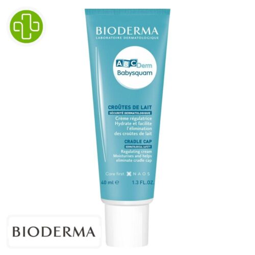 Produit de la marque Bioderma ABCDerm Babysquam Croûtes de Lait Crème Hydratante Régulatrice - 40ml sur un fond blanc avec un logo Parachezvous et celui de de la marque Bioderma
