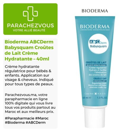 Produit de la marque Bioderma ABCDerm Babysquam Croûtes de Lait Crème Hydratante Régulatrice - 40ml sur un fond blanc, vert et gris avec un logo Parachezvous et celui de la marque Bioderma ainsi qu'une description qui détail les informations du produit