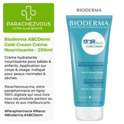 Produit de la marque Bioderma ABCDerm Cold-Cream Crème Nourrissante - 200ml sur un fond blanc, vert et gris avec un logo Parachezvous et celui de la marque Bioderma ainsi qu'une description qui détail les informations du produit