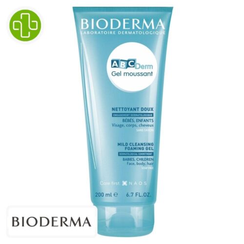 Produit de la marque Bioderma ABCDerm Gel Moussant Nettoyant Doux - 200ml sur un fond blanc avec un logo Parachezvous et celui de de la marque Bioderma