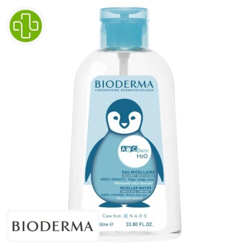 Produit de la marque Bioderma ABCDerm H2O Eau Micellaire Nettoyante Ultra-Douce Pompe Inversée - 1L sur un fond blanc avec un logo Parachezvous et celui de de la marque Bioderma