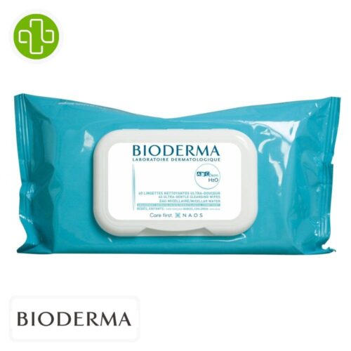 Produit de la marque Bioderma ABCDerm H2O Lingettes Nettoyantes Ultra-Douces - 60 unités sur un fond blanc avec un logo Parachezvous et celui de de la marque Bioderma