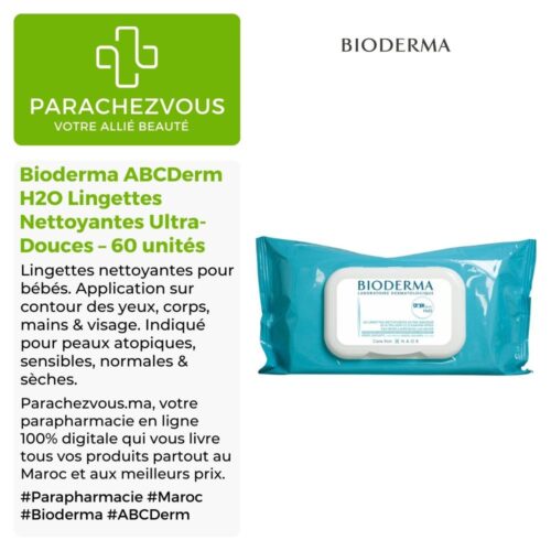 Produit de la marque Bioderma ABCDerm H2O Lingettes Nettoyantes Ultra-Douces - 60 unités sur un fond blanc, vert et gris avec un logo Parachezvous et celui de la marque Bioderma ainsi qu'une description qui détail les informations du produit