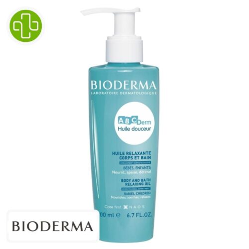 Produit de la marque Bioderma ABCDerm Huile Douceur Relaxante - 200ml sur un fond blanc avec un logo Parachezvous et celui de de la marque Bioderma