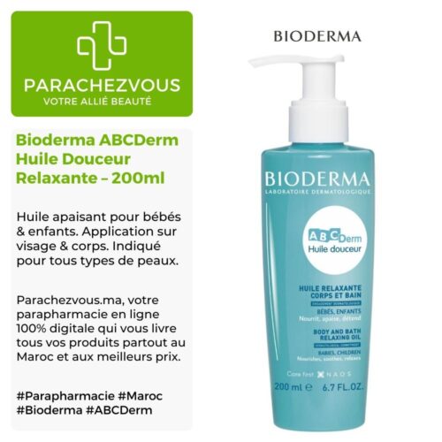 Produit de la marque Bioderma ABCDerm Huile Douceur Relaxante - 200ml sur un fond blanc, vert et gris avec un logo Parachezvous et celui de la marque Bioderma ainsi qu'une description qui détail les informations du produit