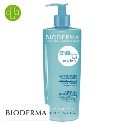 Produit de la marque Bioderma ABCDerm Lait de Toilette Nettoyant Sans Rinçage - 500ml sur un fond blanc avec un logo Parachezvous et celui de de la marque Bioderma