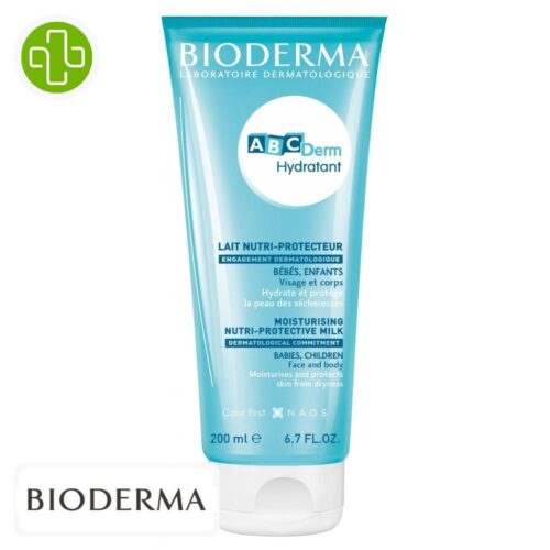 Produit de la marque Bioderma ABCDerm Lait Hydratant Nutri-Protecteur - 200ml sur un fond blanc avec un logo Parachezvous et celui de de la marque Bioderma
