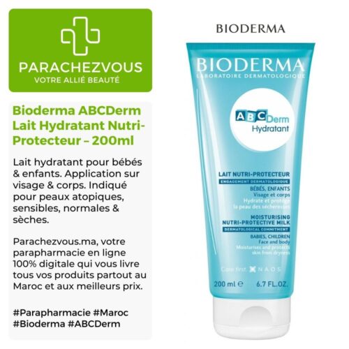 Produit de la marque Bioderma ABCDerm Lait Hydratant Nutri-Protecteur - 200ml sur un fond blanc, vert et gris avec un logo Parachezvous et celui de la marque Bioderma ainsi qu'une description qui détail les informations du produit