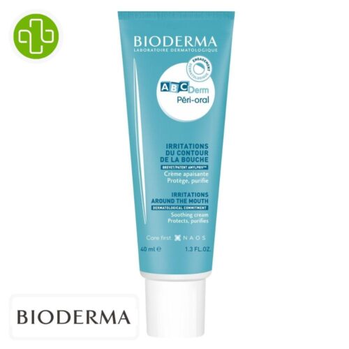 Produit de la marque Bioderma ABCDerm Péri-Oral Irritation Contour de la Bouche Crème Apaisante Purifiante - 40ml sur un fond blanc avec un logo Parachezvous et celui de de la marque Bioderma