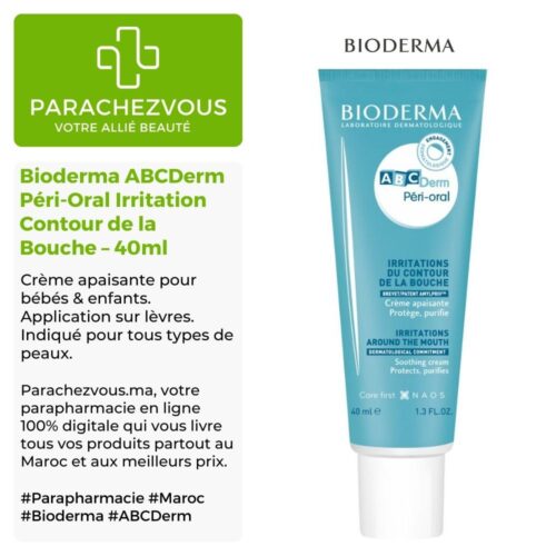 Produit de la marque Bioderma ABCDerm Péri-Oral Irritation Contour de la Bouche Crème Apaisante Purifiante - 40ml sur un fond blanc, vert et gris avec un logo Parachezvous et celui de la marque Bioderma ainsi qu'une description qui détail les informations du produit
