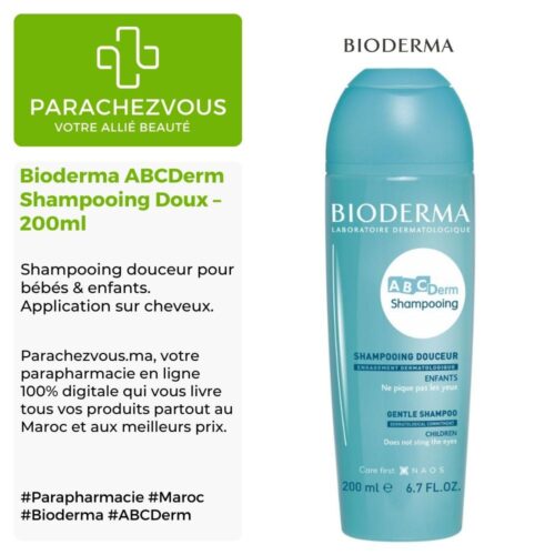 Produit de la marque Bioderma ABCDerm Shampooing Doux - 200ml sur un fond blanc, vert et gris avec un logo Parachezvous et celui de la marque Bioderma ainsi qu'une description qui détail les informations du produit