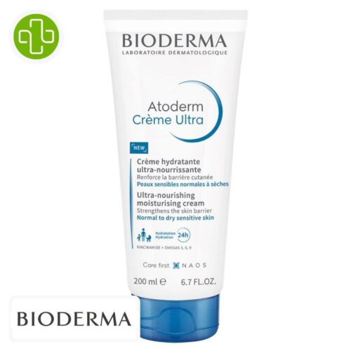 Produit de la marque Bioderma Atoderm Crème Hydratante Ultra-Nourrissante - 200ml sur un fond blanc avec un logo Parachezvous et celui de de la marque Bioderma